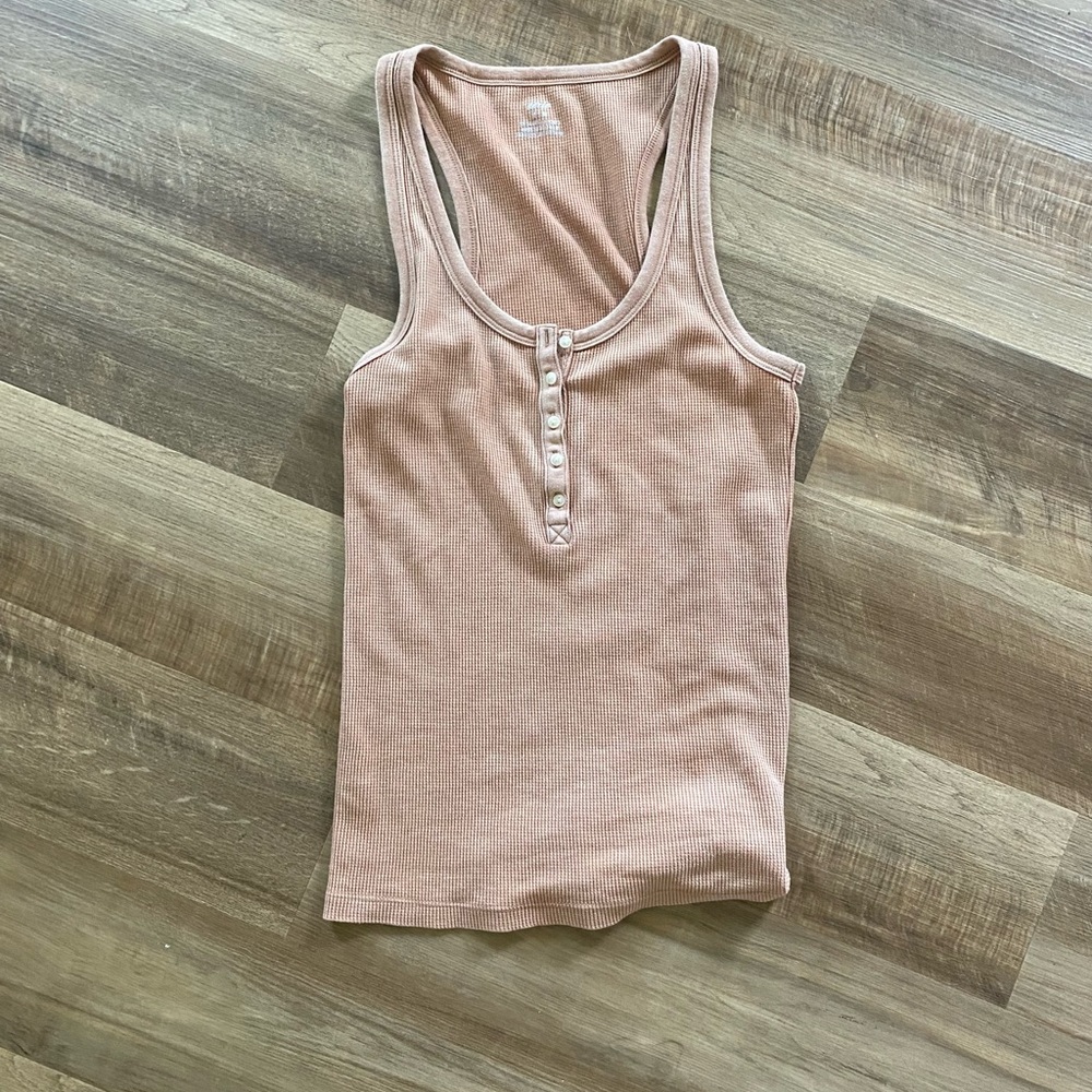 Medium Aerie Henley Tank Top, tan, waffle